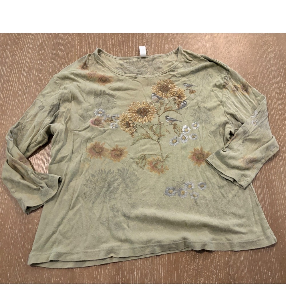 Endless Designs Women 3X Olive Green Floral Bird Embellished Long Sleeve Top Y2K